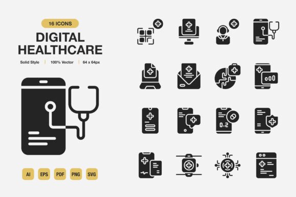 Digital Healthcare Solid Icons: Graphics and Icons for Local Business