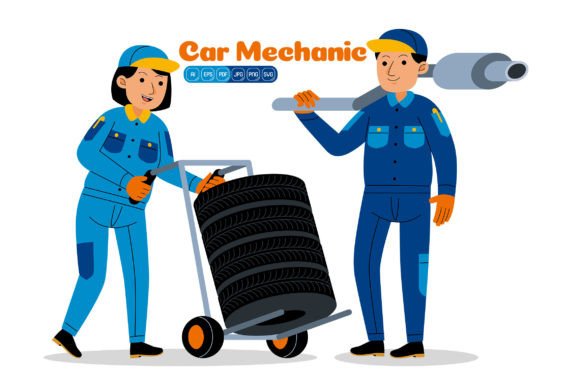 Man and Woman Car Mechanic Profession: Graphics & Illustrations