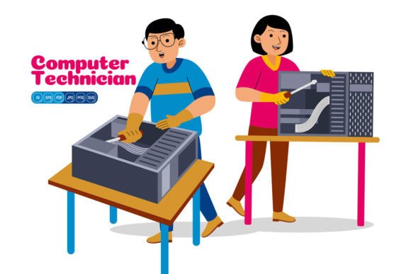 Man and Woman Computer Technician Graphics & Illustrations